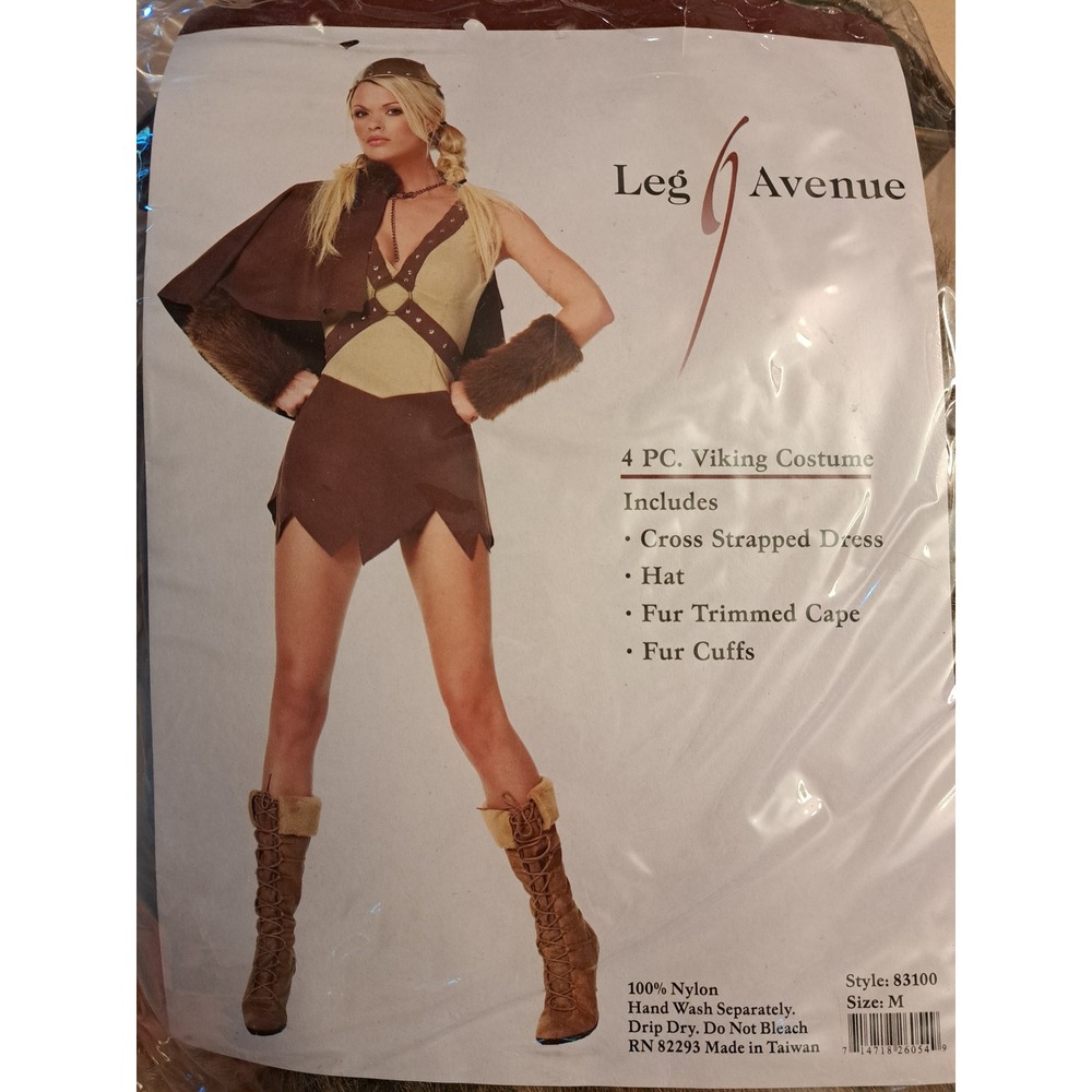 Leg Avenue Womens Viking 4 PC Costume Set Brown Tan Medium 83100 Strap Dress